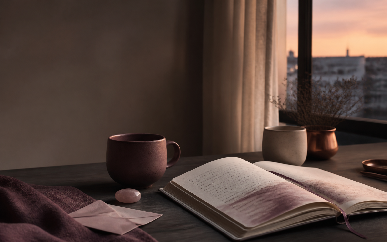 Open journal, two cups, a folded note, and soft dusk light by a window